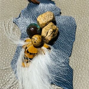 Blue Leather Feather and Stone Brooch